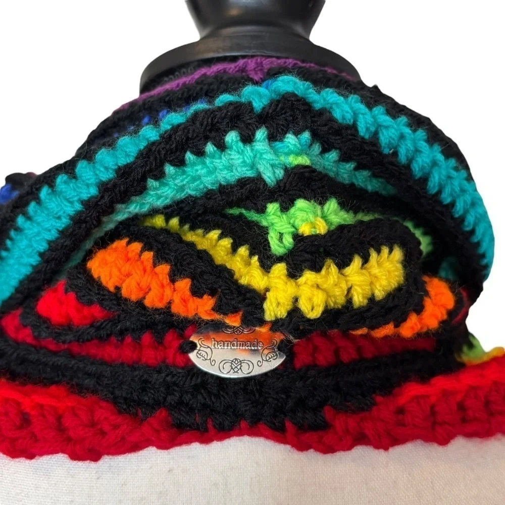 Handcrafted Crochet Cowl Neck Scarf With Fringe Rainbow Colors New Handmade Knit